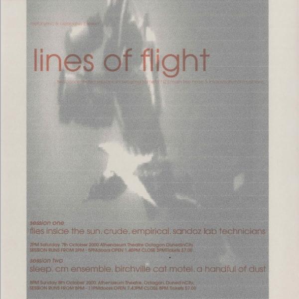 Lines of Flight poster for 2000. A highly blurred indecipherable shape in grey with red text on top.