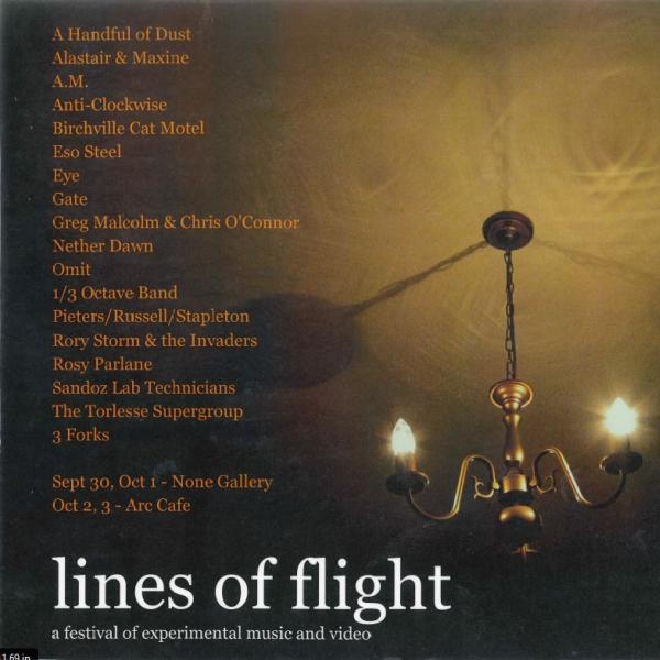 Lines of Flight poster for 2004. A two bulb chandelier casts a yellow glow on a ceiling.