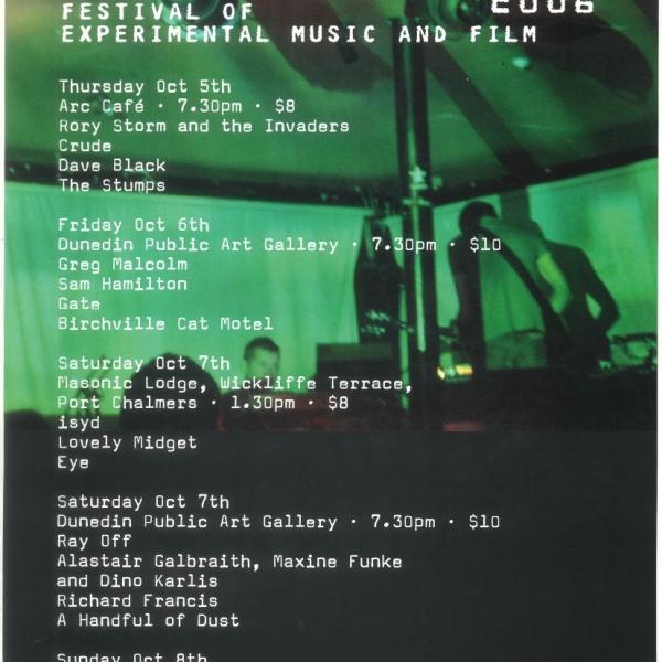 Lines of Flight poster for 2006. A band plays under a green light. The text has a computer style font.