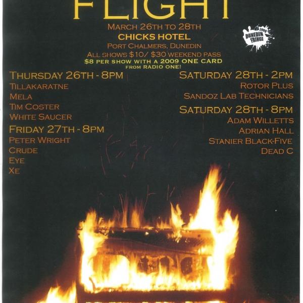 Lines of Flight poster for 2009. A photo of a burning piano. It is engulfed in flames and the shape of the piano is only just seen as dark bones hiding in the firece orange.