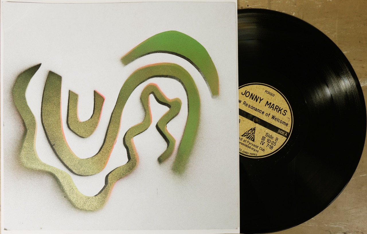 Jonny Marks Slow Resonance of Welcome LP cover and record - hand-made artwork by Nell Thomas, of spray painted stencils. 