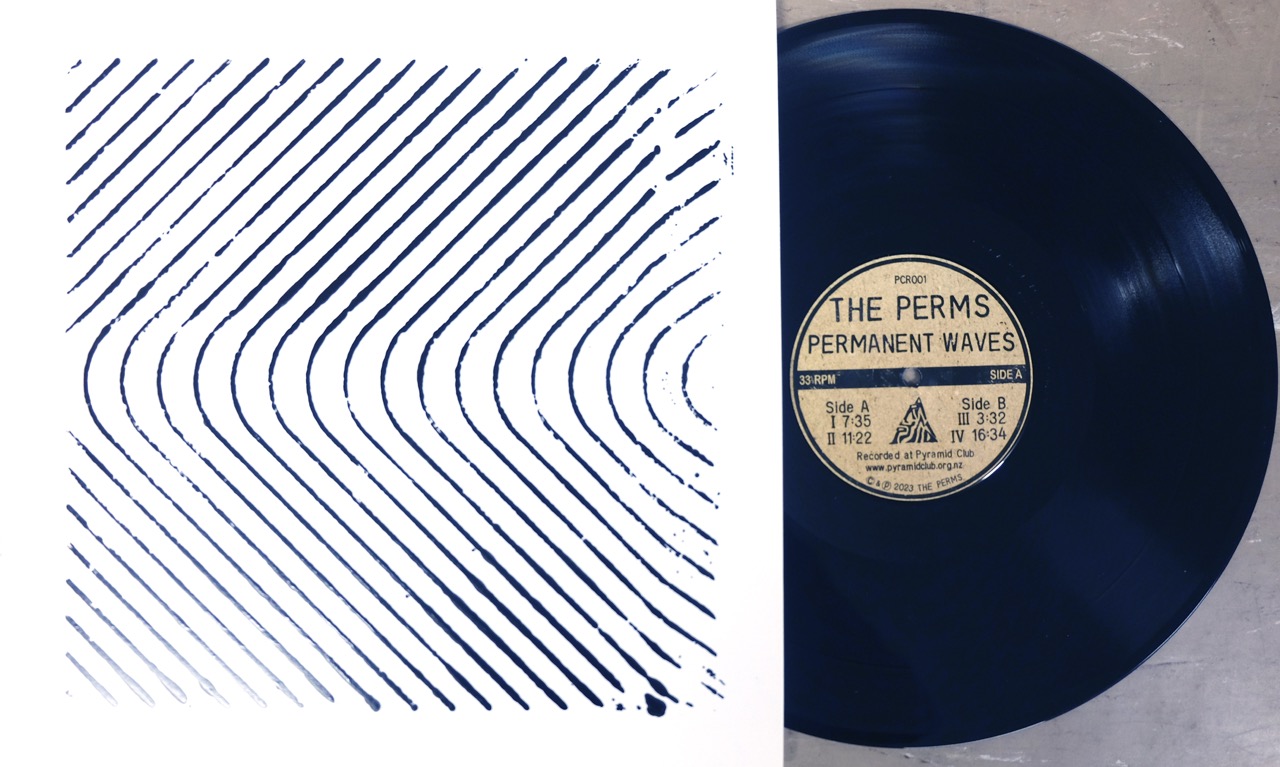 The Perms 'Permanent Wave' vinyl cover and record - black and white hand-made artwork by Daniel Beban