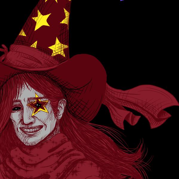 A red wizard person grins with red hair, a red hat with gold star and moon pattern and a red wizard cloak