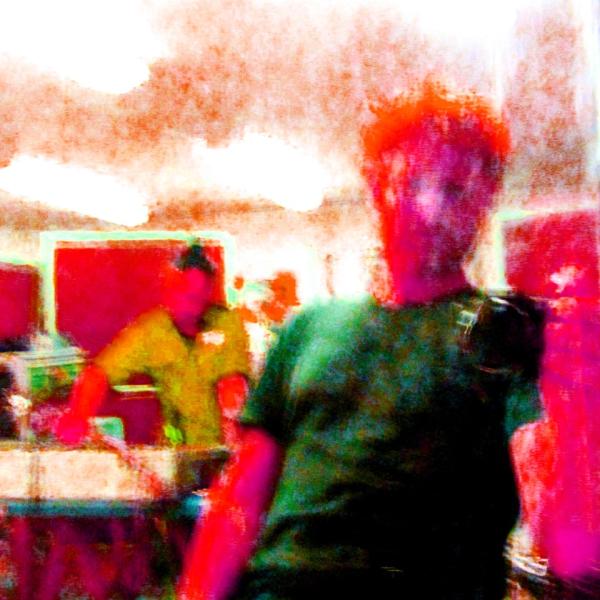 Mirror selfie of Daniel Beban and Riki Pirihi, edited with high contrast