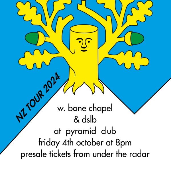 Kraus NZ Tour Poster: Blue Background with cute Yellow tree stump illustration 