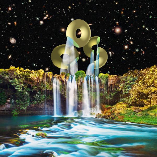 A fanasty night scape of waterfall and soft pools. The water flows from smooth curved letters OOS