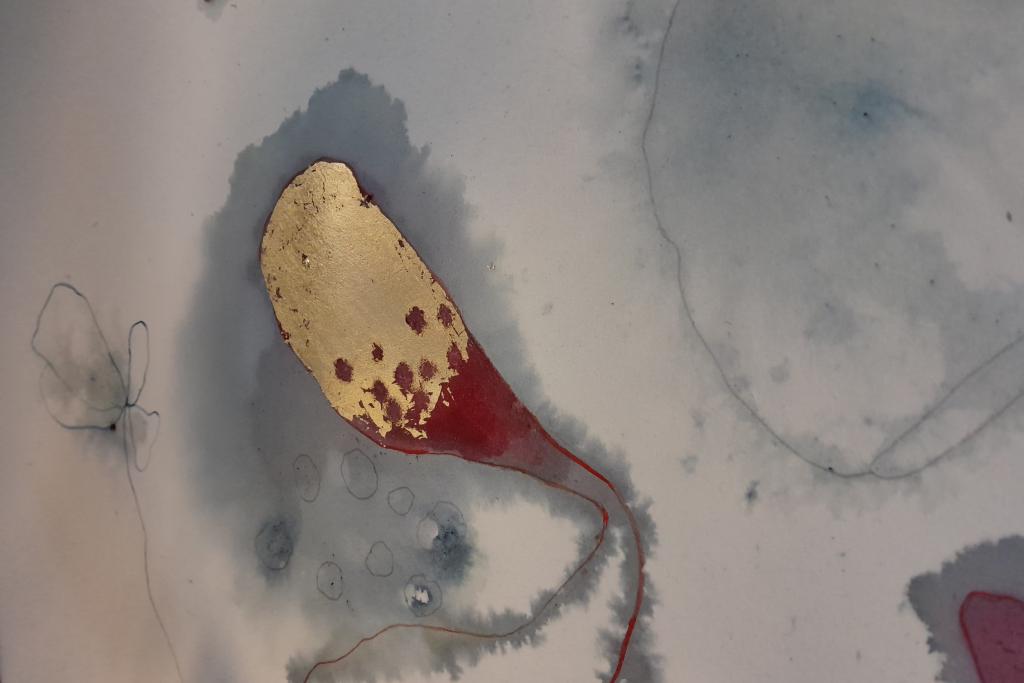 Water colour and gold leaf - rich shine and stains - gesture and interaction of water, paper, and hand.