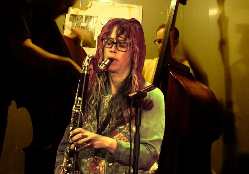 bridget playing saxophone superimposed over a photo of the two bassists.