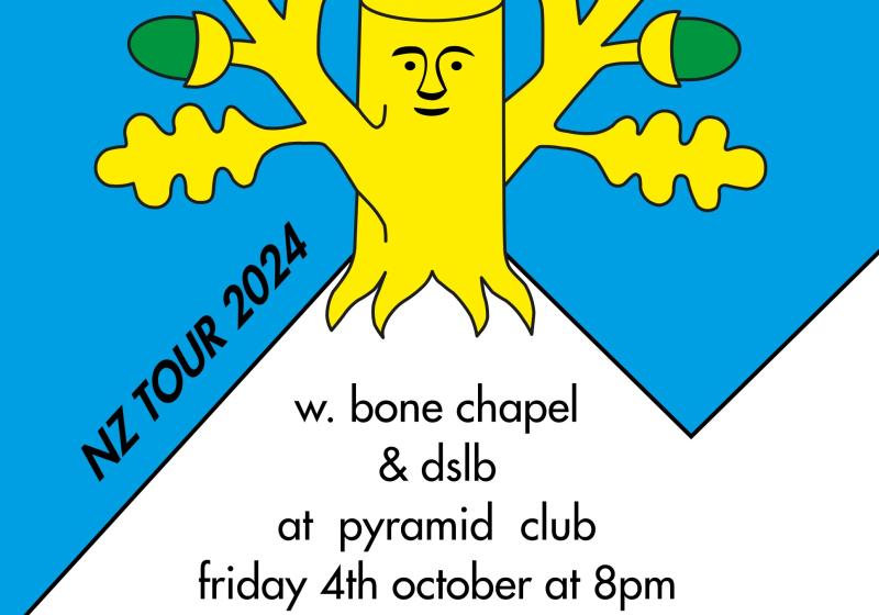 Kraus NZ Tour Poster: Blue Background with cute Yellow tree stump illustration 