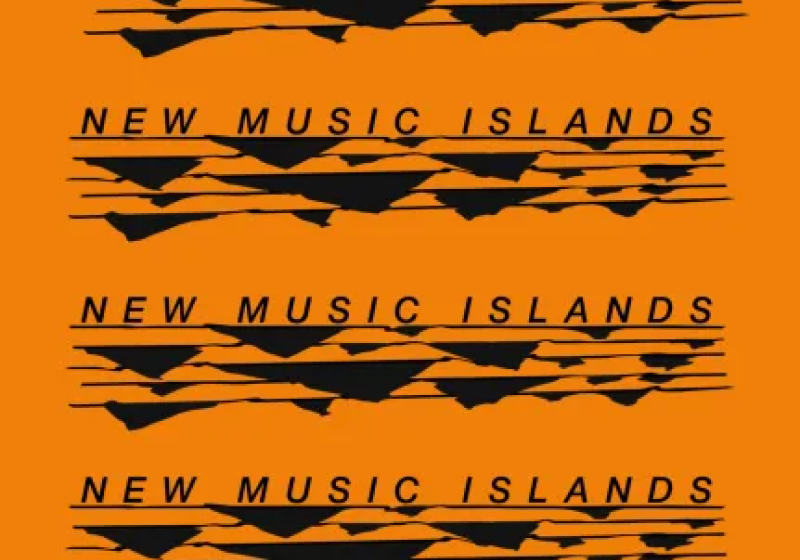Poster shows burnt orange background with NEW MUSIC ISLANDS printed 4 times with black graphics of hills
