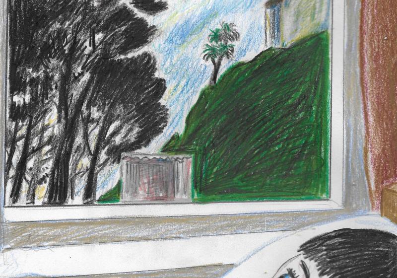Gerard, as a boy, in bed looking at the view of trees