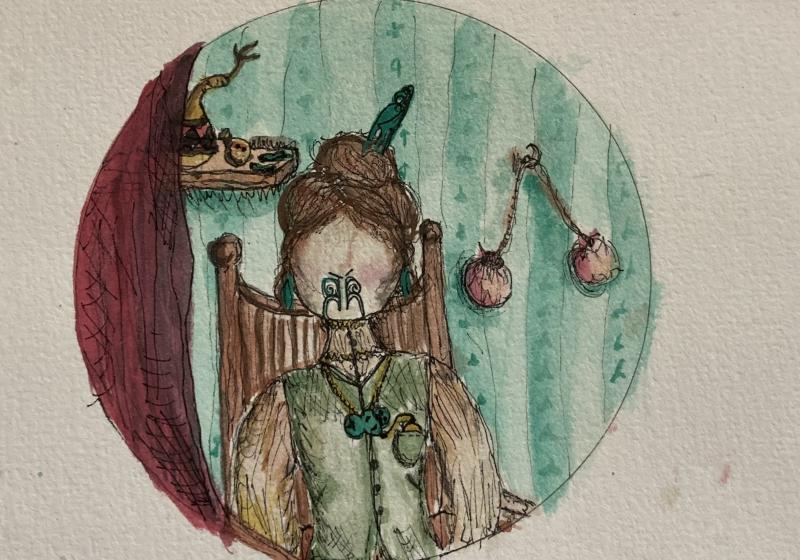 A waterclour of a 19th century woman - her hair is up in a loose bun. She has a moko kauae. There are poi hanging on the wall