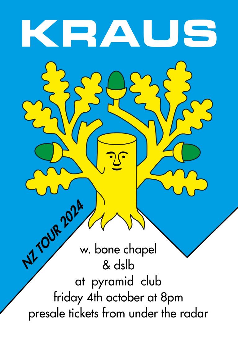 Kraus NZ Tour Poster: Blue Background with cute Yellow tree stump illustration 