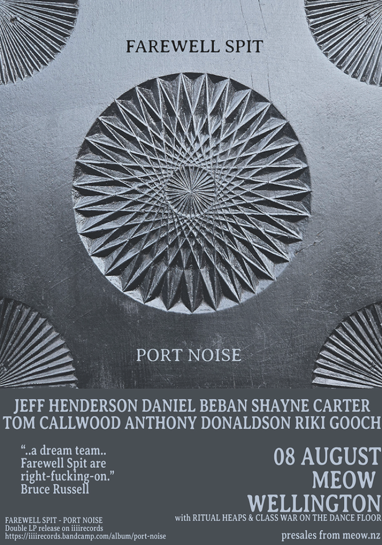 Farewell Spit poster with a geometric kaleidoscope-type circle 