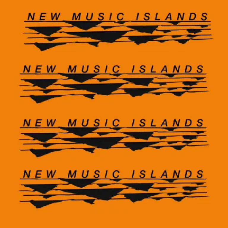 Poster shows burnt orange background with NEW MUSIC ISLANDS printed 4 times with black graphics of hills