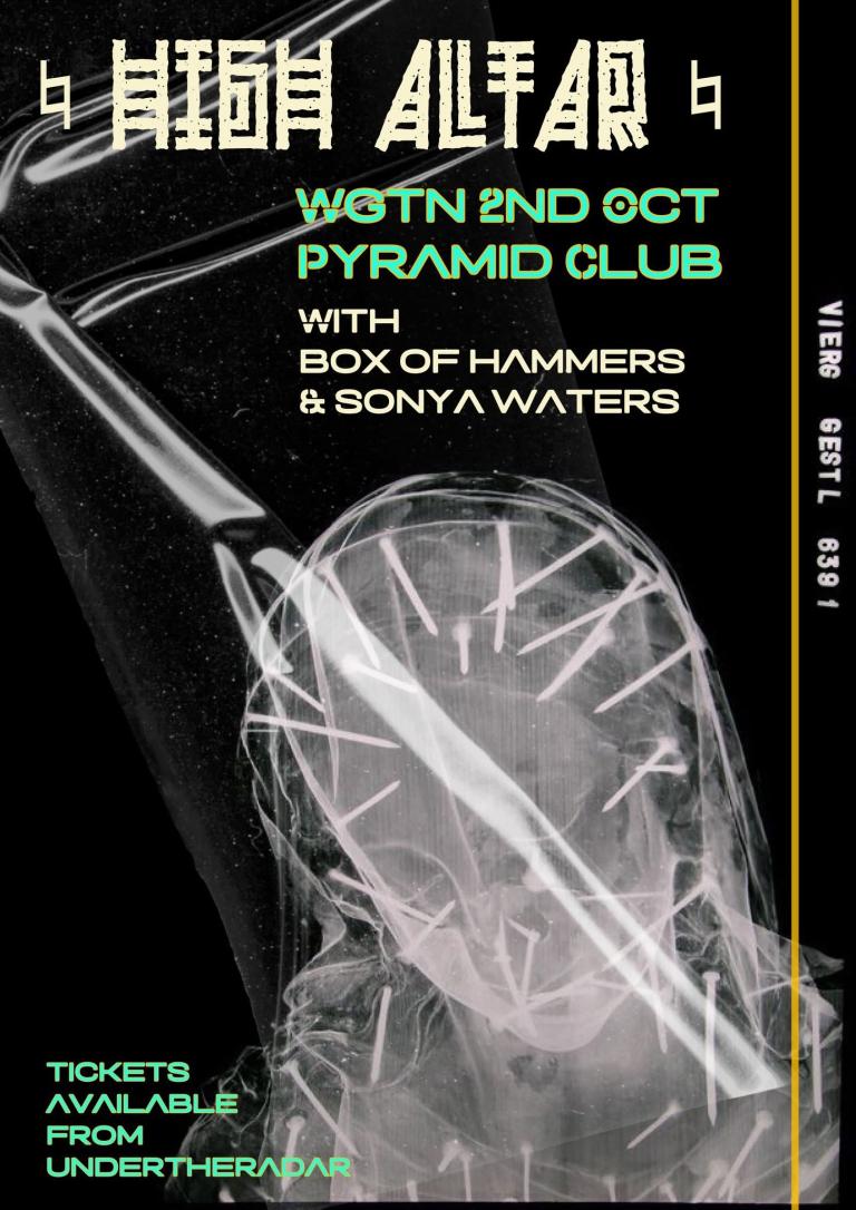 A gig poster shows an xray image of a nun statue with nails in their head