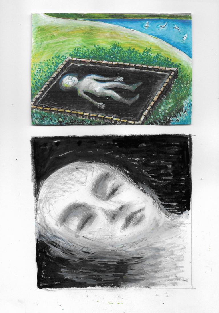 a translucent boy lying in a dark pool