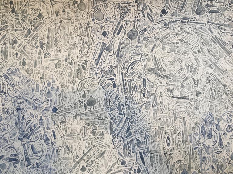 a big drawing of tiny things - hundreds of tiny pūoro mass into texture - all drawn by Ruby