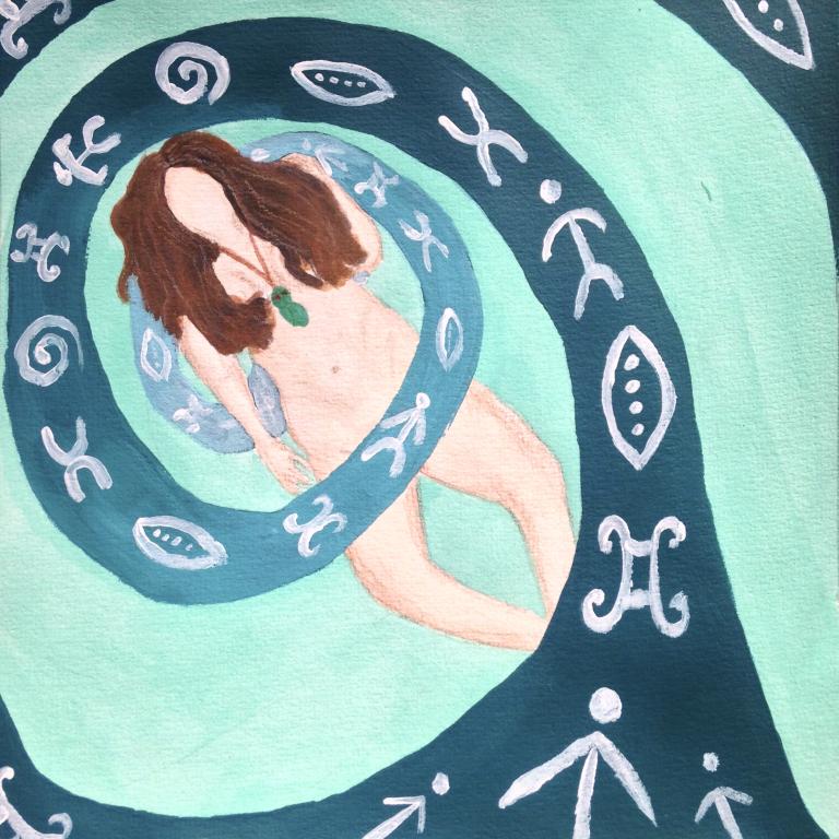 A naked woman (apart from her pounamu) is embraced by swirling water that is full of ancient symbols