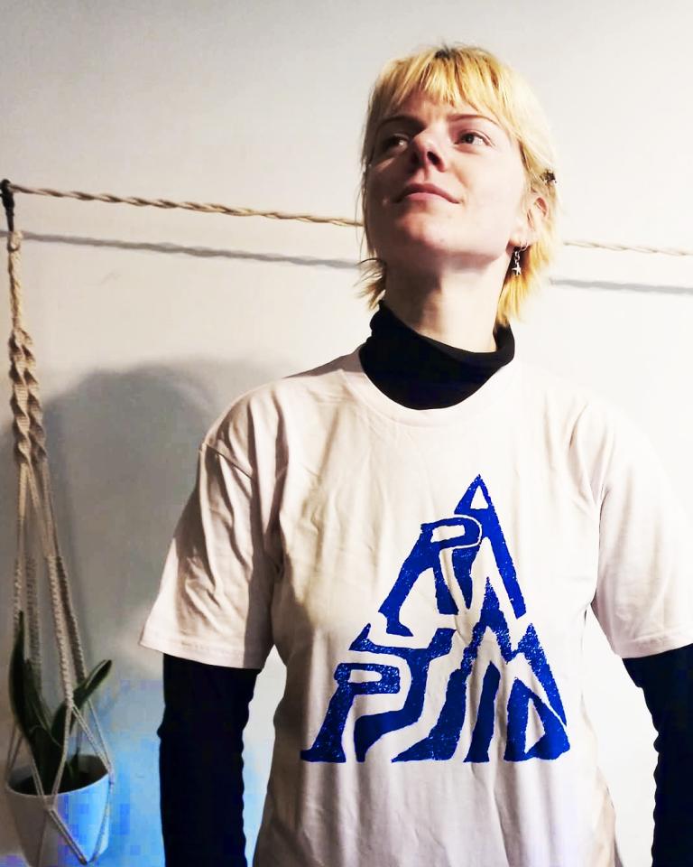Emma modelling a t-shirt